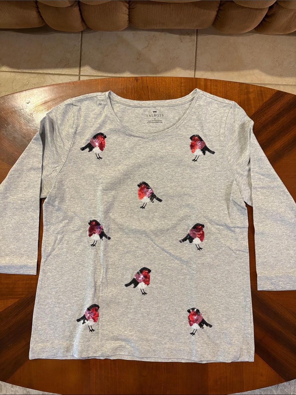 Talbots Women’s Grey 3/4 Sleeve Top with Winter Sequin Bird Accents